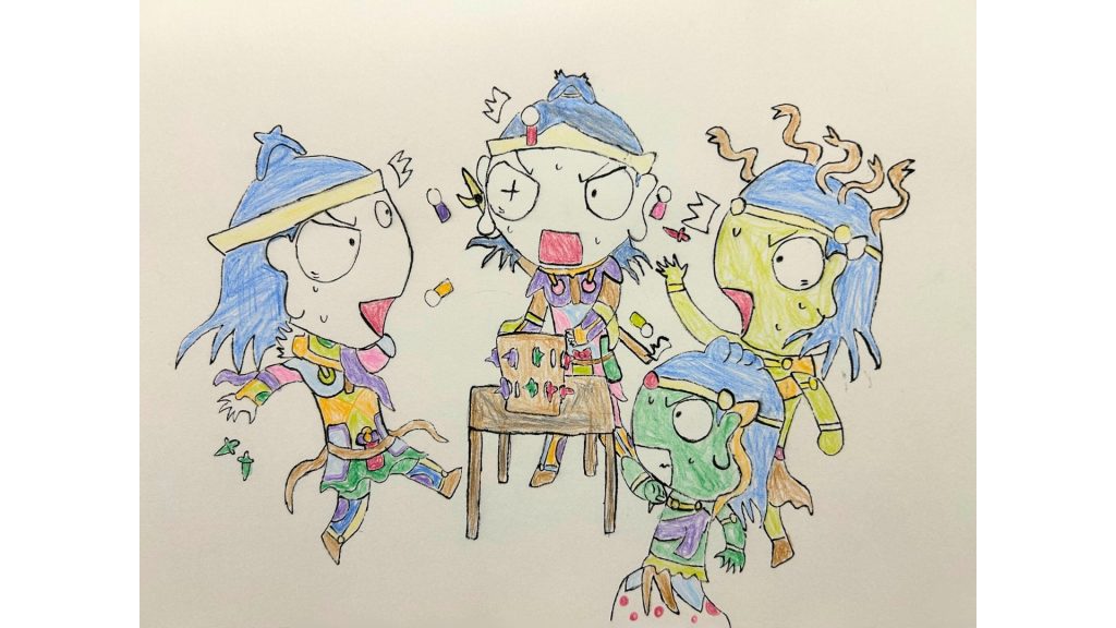 黒ひげ危機一発に興じる毘沙門天、帝釈天、伊舎那天、水天。