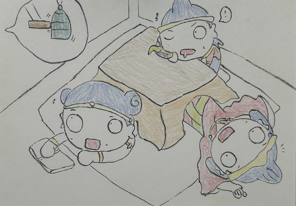 こたつで年越しの瞬間を寝過ごす毘沙門天家族